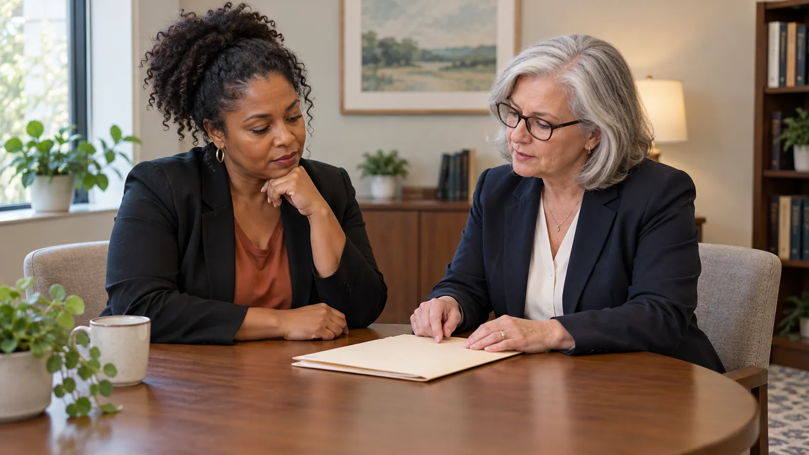 Employer meets with an employment lawyer to discuss a workplace decision and legal considerations.