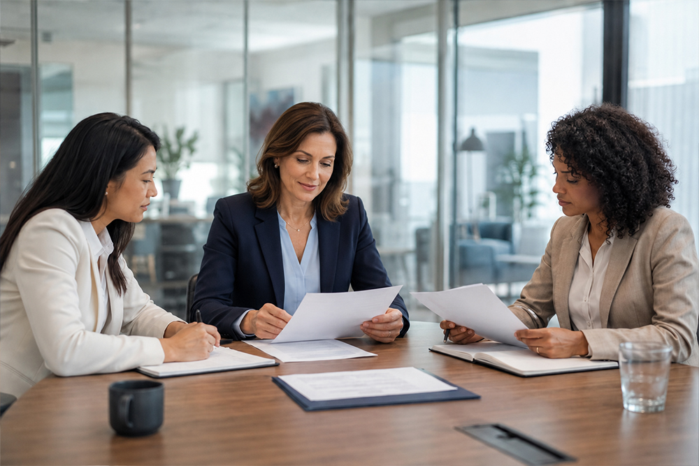 Professionals reviewing workplace documents during an investigation-related meeting.